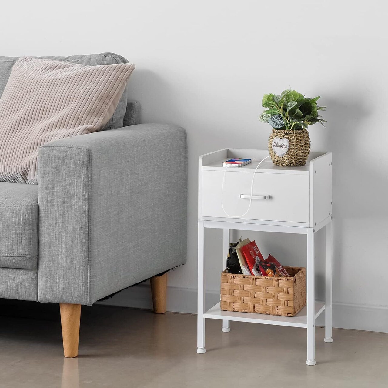 Nightstand with Charging Station & Storage Drawer, Retro Bedside Table with USB Ports, AC Outlets, and Adjustable Feet - Compact Bedside Cabinet for Small Spaces (23.6" H)